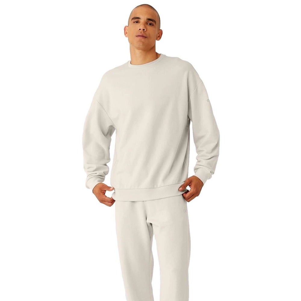 Alo Yoga Mens Accolade Crew Neck Pullover Sweatshirt Bone Ivory Oversized XL